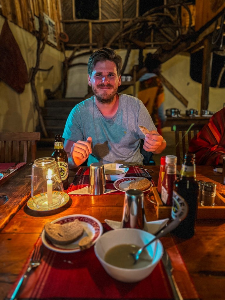 Enjoying Kenyan dinner in Maji Moto Maasai Cultural Camp