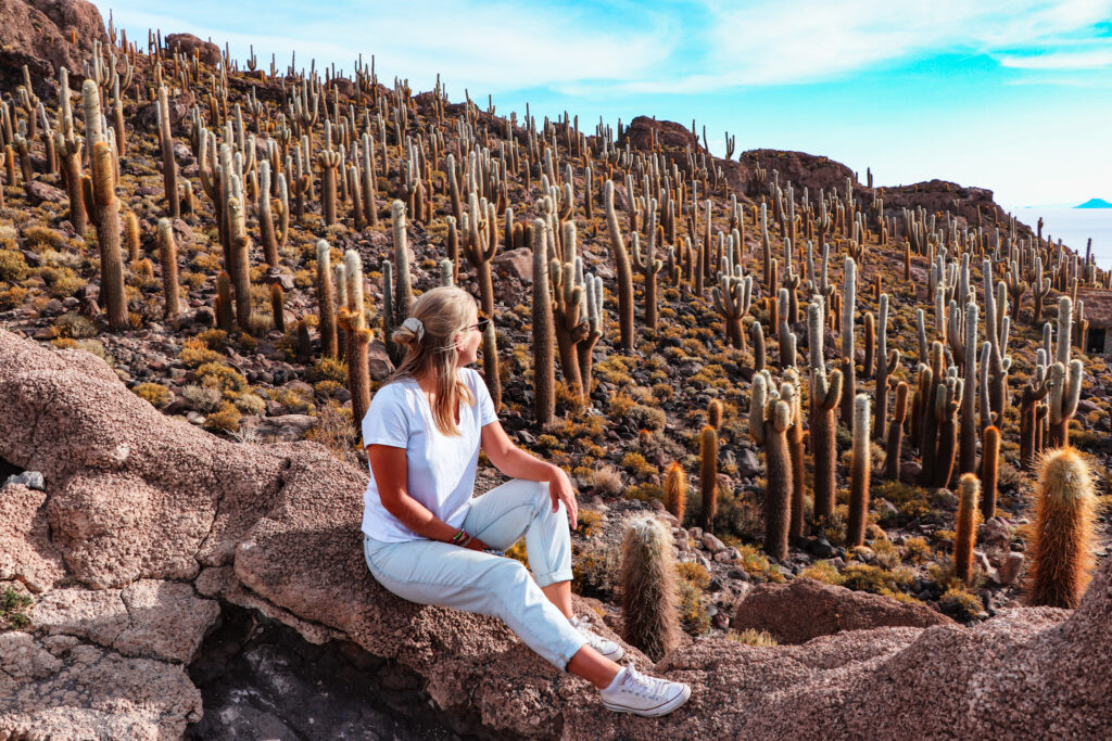 Uyuni Salt Flat Travel Guide: Enjoying the view over the giant cacti on Isla Incahuasi